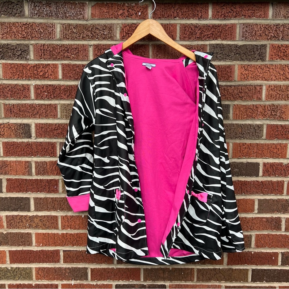 Hartstrings Black and White Zebra Print and Hot Pink Fleece Button Rain Jacket - Picture 2 of 5